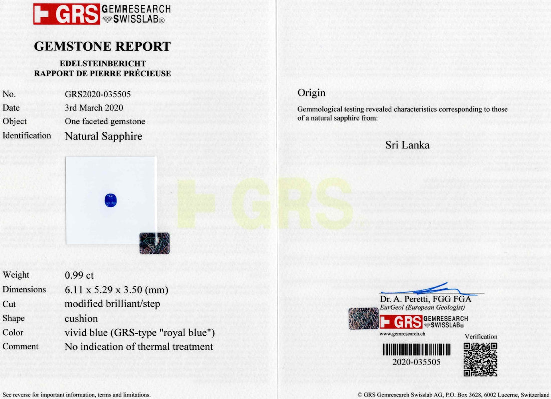 0.99ct Sri Lanka Sapphire — GRS certificate
