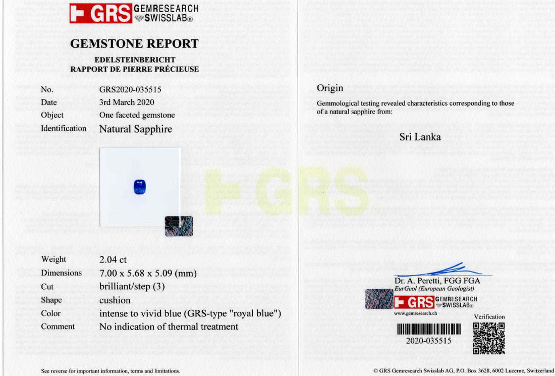 2.04ct Sri Lanka Sapphire — GRS certificate