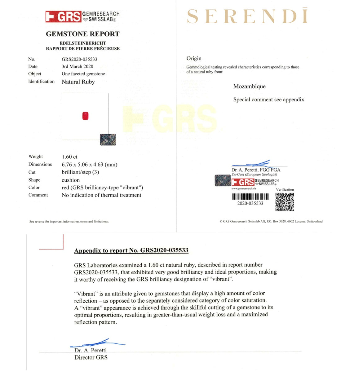 1.60ct Mozambique Ruby — GRS certificate