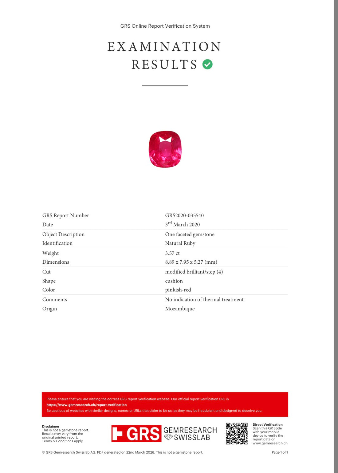 3.57ct Mozambique Ruby — GRS certificate