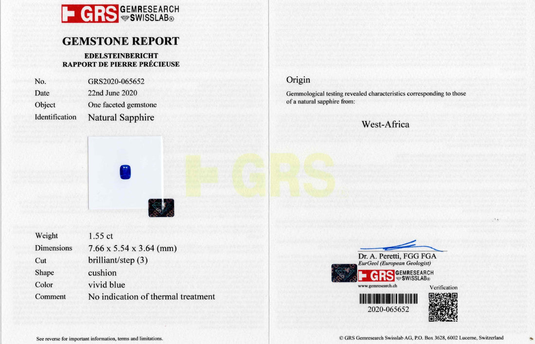 1.55ct West Africa Sapphire — GRS certificate