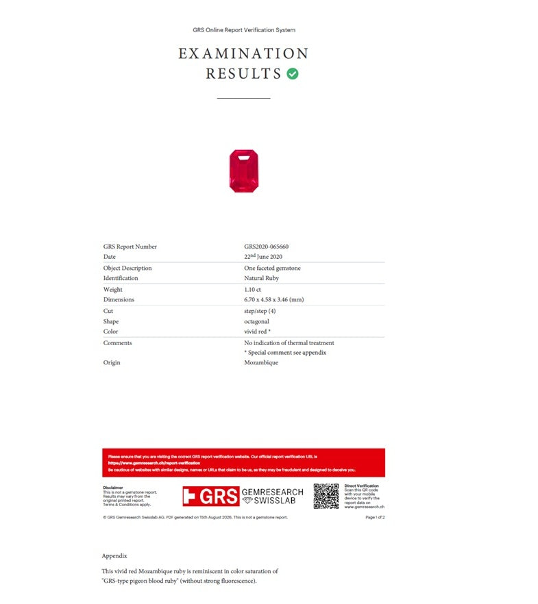 1.1ct Mozambique Ruby — GRS certificate
