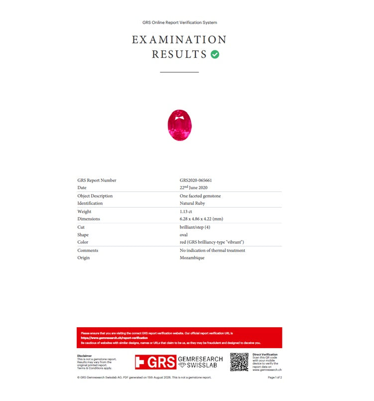1.13ct Mozambique Ruby — GRS certificate