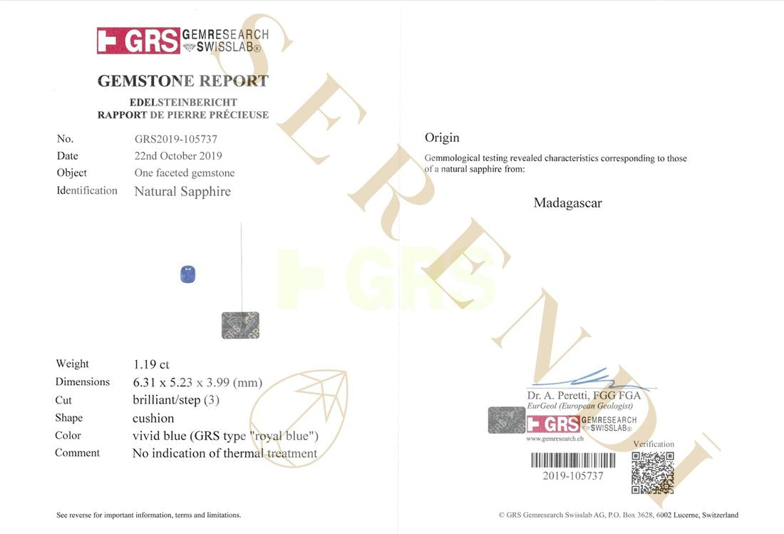 Apollo Blue Sapphire Ring — GRS certificate